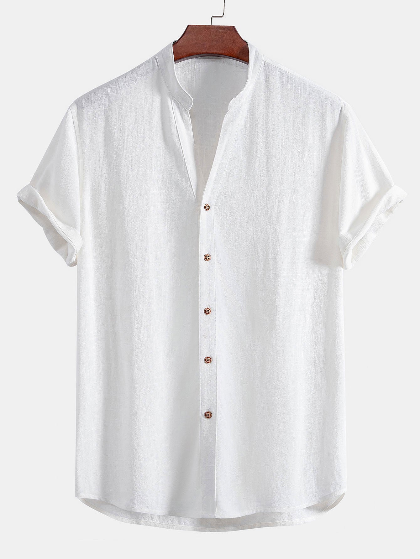 Short Sleeve Linen Rayon Blend Stand Collar Shirt