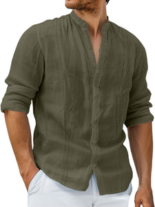 Men's Casual Stand Collar Cotton Guayabera Solid Color Long Sleeve Shirt