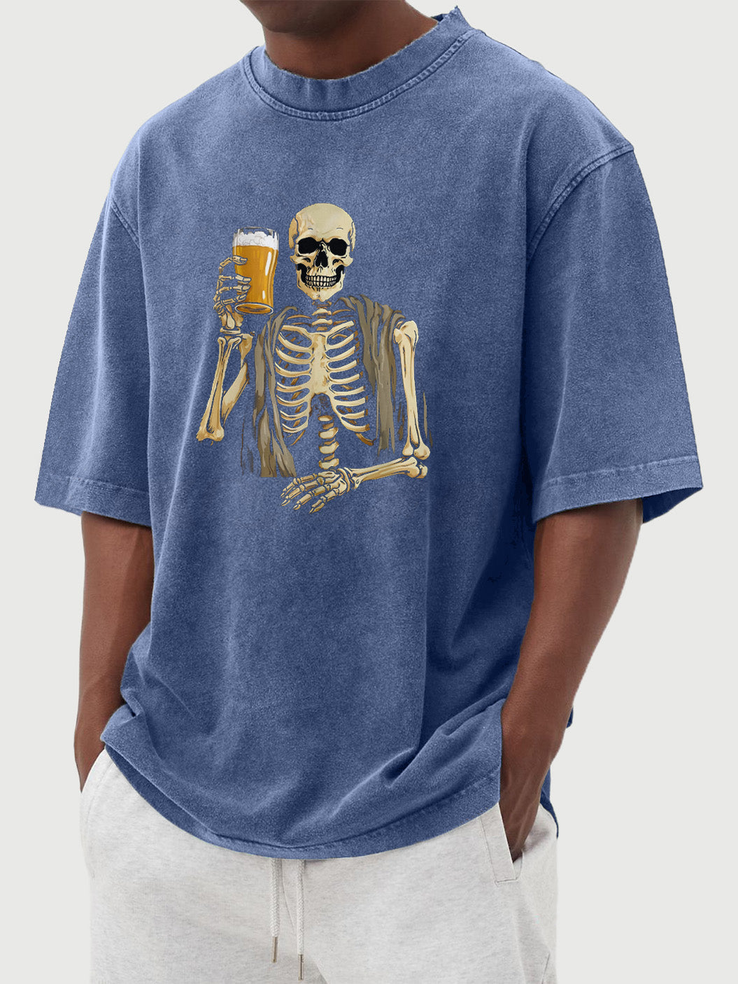 Men's Retro Casual Halloween Skull Drinking Beer Print Short Sleeve T-Shirt