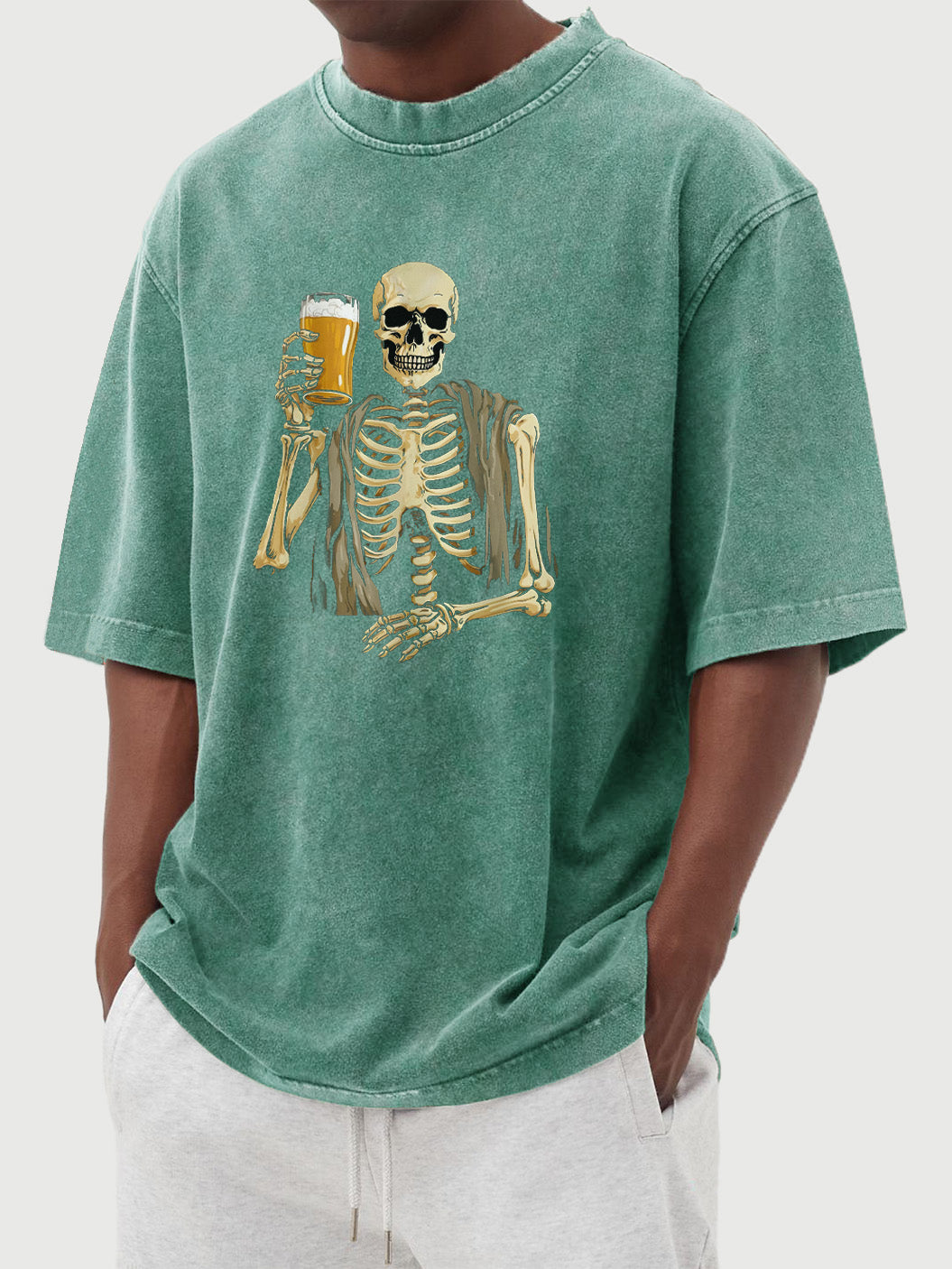 Men's Retro Casual Halloween Skull Drinking Beer Print Short Sleeve T-Shirt