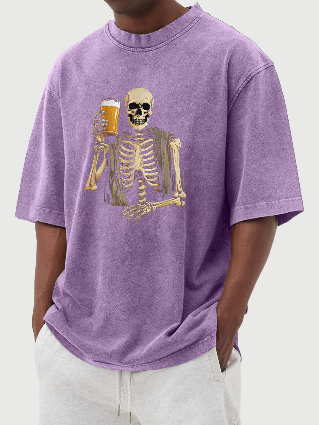 Men's Retro Casual Halloween Skull Drinking Beer Print Short Sleeve T-Shirt