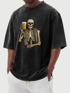 Men's Retro Casual Halloween Skull Drinking Beer Print Short Sleeve T-Shirt