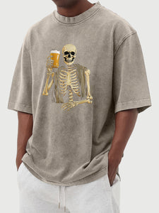 Men's Retro Casual Halloween Skull Drinking Beer Print Short Sleeve T-Shirt