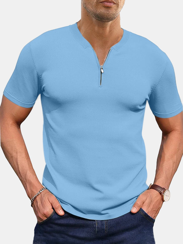 Men's Comfortable Solid Color Tight Zipper Short Sleeve Polo Shirt-Tomanvery