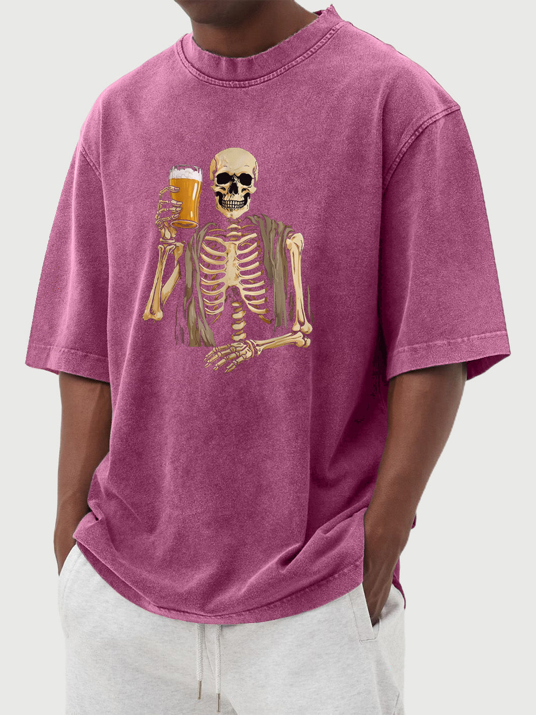 Men's Retro Casual Halloween Skull Drinking Beer Print Short Sleeve T-Shirt