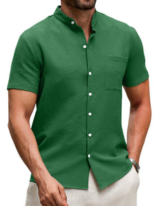 Men's Summer Stand Collar Pleated Pocket Casual Solid Color Short Sleeve Shirt