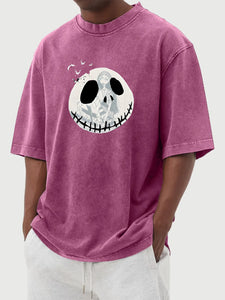 Halloween Retro Washed Ghost Face Printed Cotton Short-Sleeved T-shirt