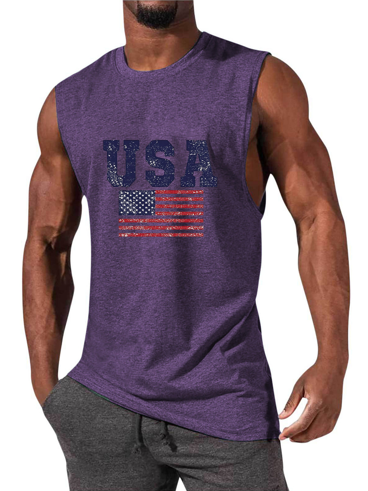 Men's Hawaiian USA Flag Print Sleeveless Tank Top T-Shirt