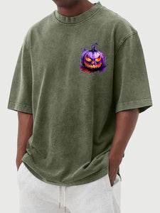 Men's Halloween 100% Cotton Washed and Distressed Watercolor Pumpkin Print Short Sleeve T-Shirt