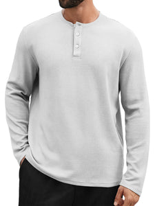 Men's Casual Henley Collar Waffle Solid Color Long Sleeve T-Shirt