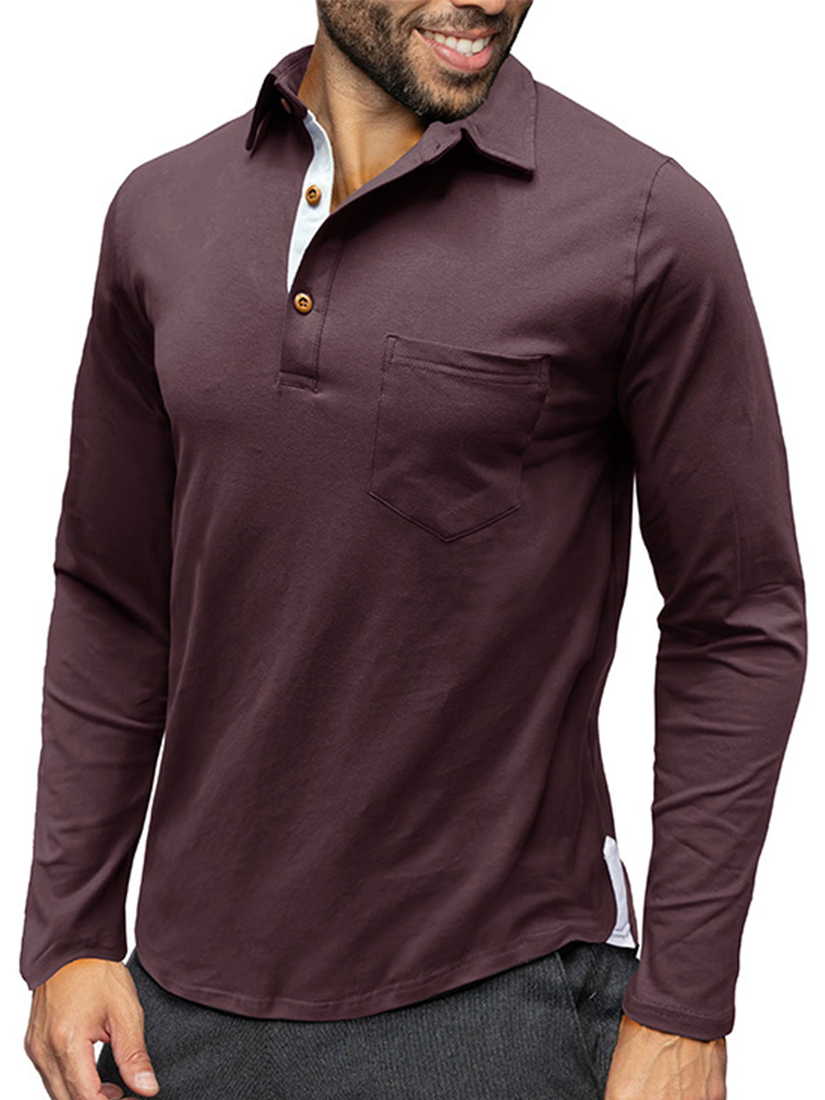 Men's Pure Cotton Lapel Casual Solid Color Pocket Long Sleeve POLO Shirt