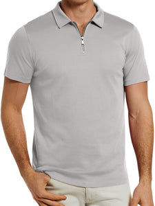 Men's solid color zipper lapel breathable short-sleeved POLO shirt