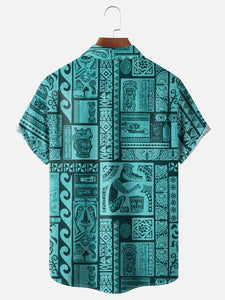 Moisture-wicking Art Tiki Painting Chest Pocket Bowling Shirt