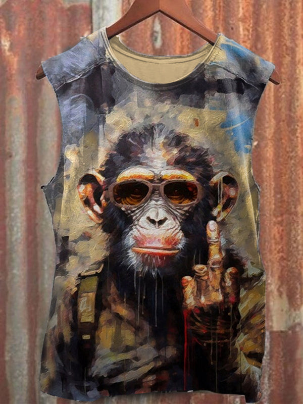 Men's Cool Sunglasses Finger Attitude Soldier Monkey Oil Painting Print Tank Top