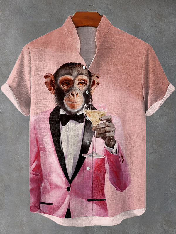 Men's Gentleman Monkey Champagne Oil Painting Print Linen Blend Shirt