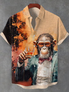 Men's Vintage Monkey Gentleman Whiskey Oil Painting Print Linen Blend Shirt