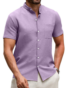 Men's Summer Stand Collar Pleated Pocket Casual Solid Color Short Sleeve Shirt