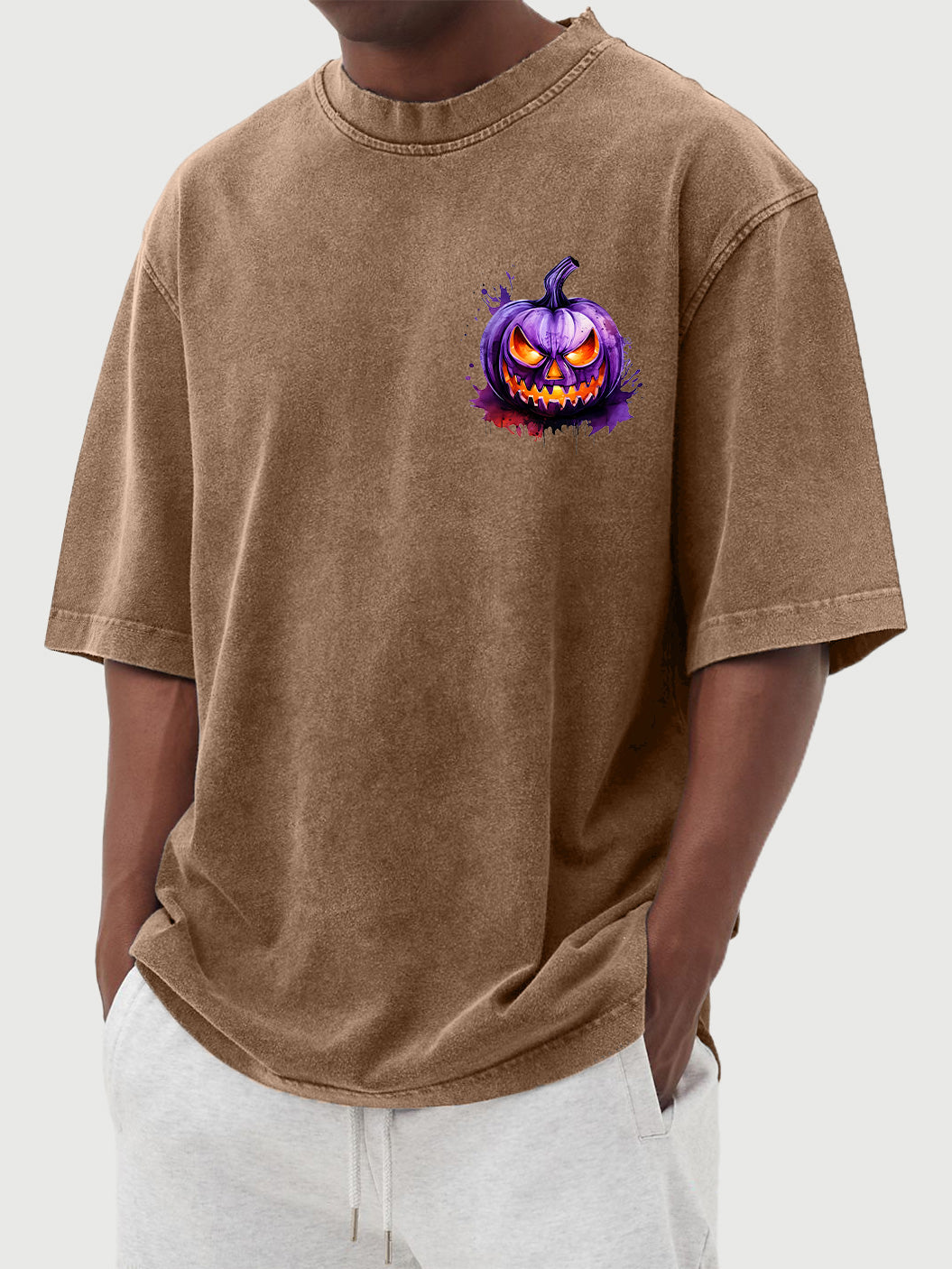 Men's Halloween 100% Cotton Washed and Distressed Watercolor Pumpkin Print Short Sleeve T-Shirt