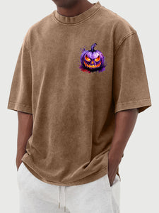 Men's Halloween 100% Cotton Washed and Distressed Watercolor Pumpkin Print Short Sleeve T-Shirt