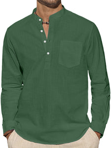 Men's Casual Stand Collar Pocket Solid Color Long Sleeve Shirt