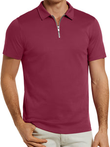 Men's solid color zipper lapel breathable short-sleeved POLO shirt