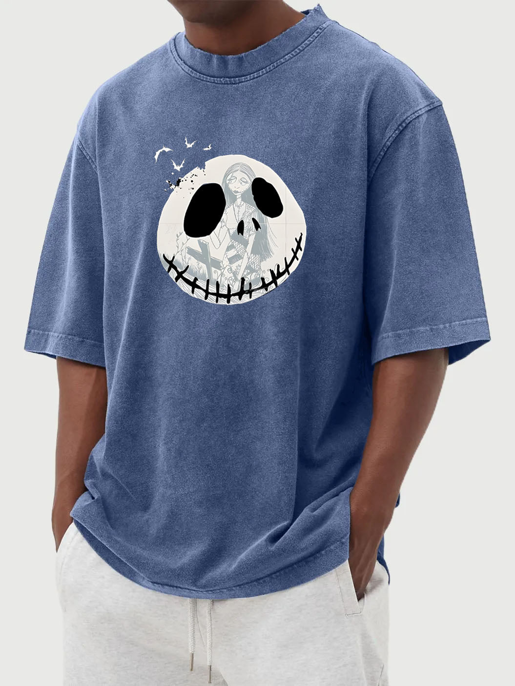 Halloween Retro Washed Ghost Face Printed Cotton Short-Sleeved T-shirt