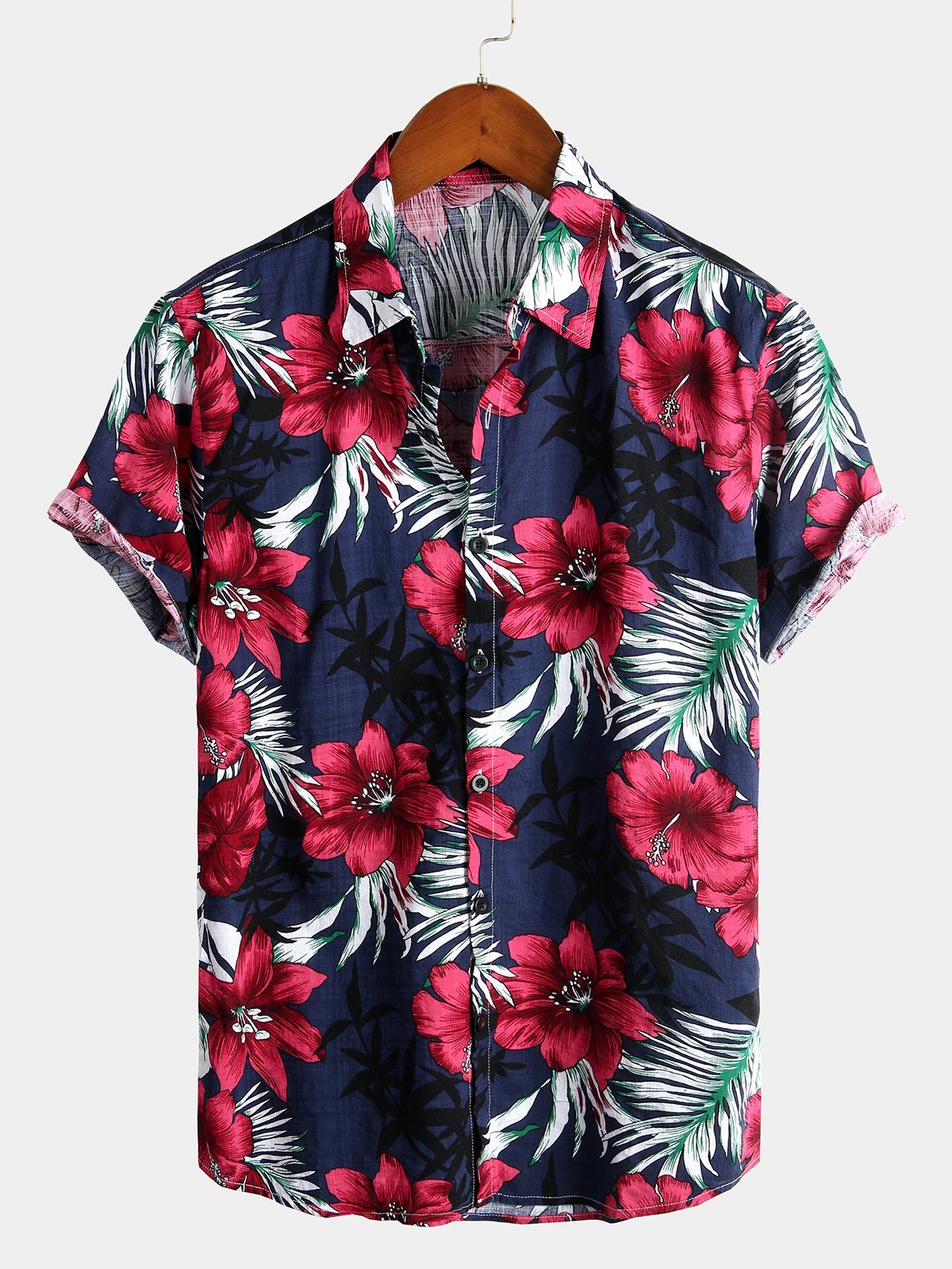 Men's Tropical Hawaiian Floral Cotton Navy Blue Shirt