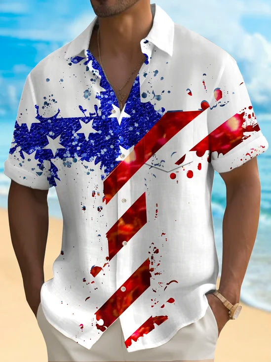 Holiday Men's Independence Day Flag Cross Print Casual Breathable Short Sleeve Shirt Big Tall