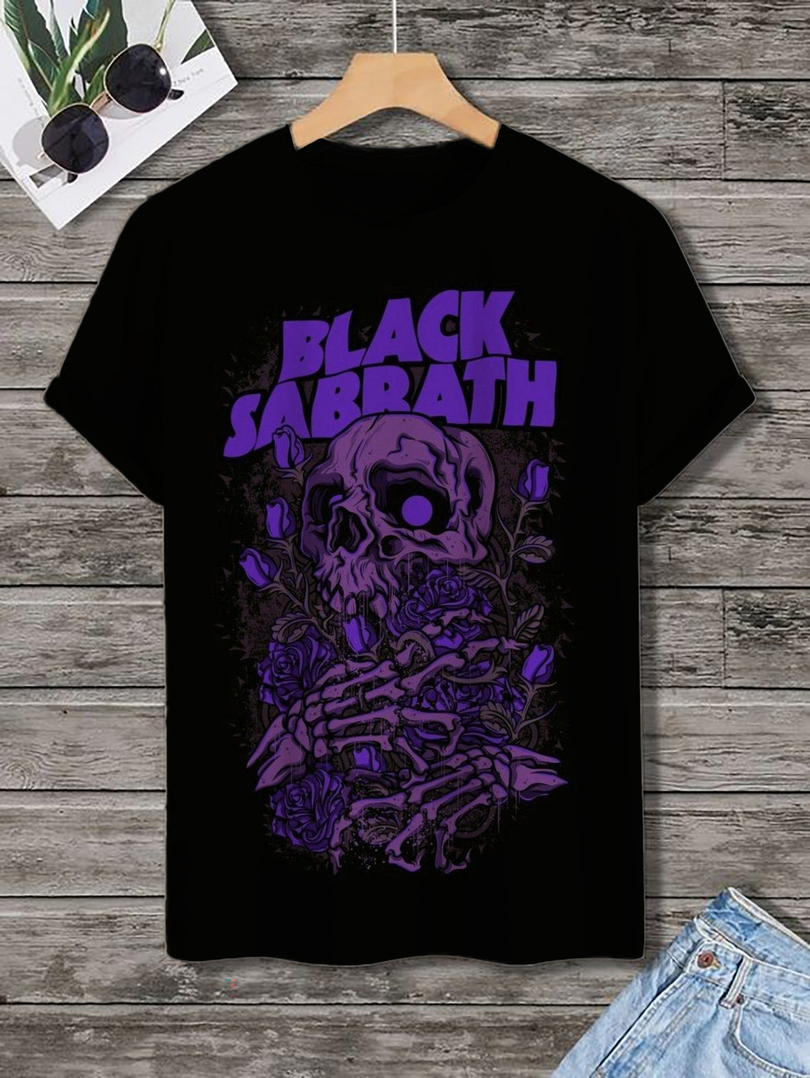 <💯Cotton>Men's Black Sabbath Skull Rose Print Cotton Casual T-Shirt