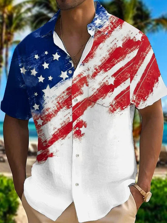 Independence Day Holiday Men's Hawaiian Shirt American Flag Art Stretch Quick Dry Surf Pocket Shirt Big Tall