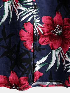 Men's Tropical Hawaiian Floral Cotton Navy Blue Shirt