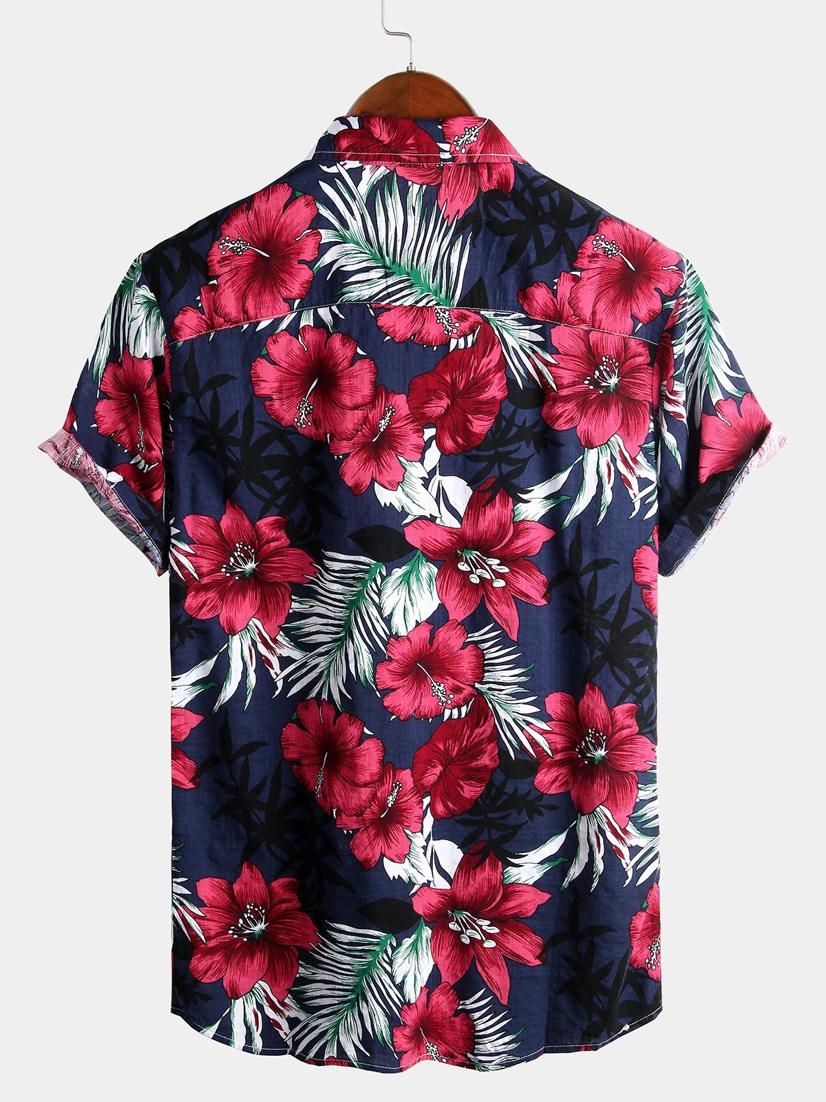 Men's Tropical Hawaiian Floral Cotton Navy Blue Shirt