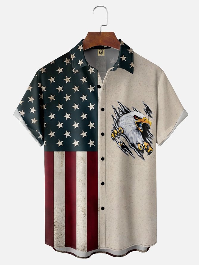 Tall Size Moisture-wicking American Eagle Chest Pocket Bowling Shirt