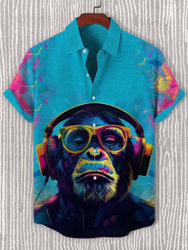 Men's Colorful Gorilla DJ Art Print Linen Blend Shirt