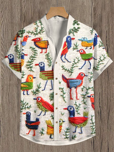 Men's Spring Embroidery Birds Pattern Printed Hawaiian Shirt