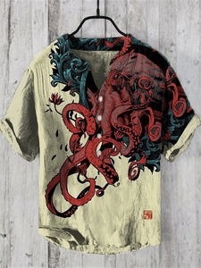 Men's Japanese Cthulhu Octopus Art Print Half Button Linen Blend Shirt