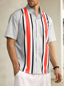 Striped Chest Pocket Short Sleeve Bowling Shirt