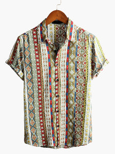 Men's Patchwork Printed Short Sleeve Cotton Shirt