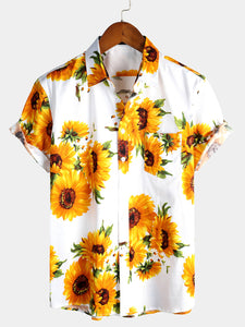 Men's Vintage Sunflower Pocket Short Sleeve Shirt