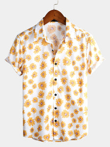 Men's Floral Daisy Print Hawaiian Cotton Button Up Summer Short Sleeve Flower Shirt