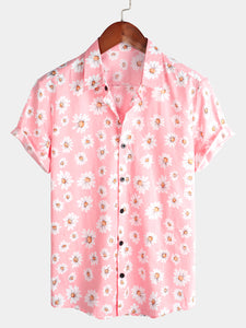 Men's Floral Daisy Print Hawaiian Cotton Button Up Summer Short Sleeve Flower Shirt