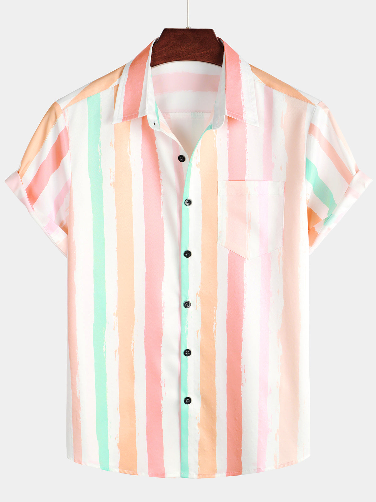 Men's Summer Pink And White Vertical Striped Pocket Button Up Rainbow Short Sleeve Shirt