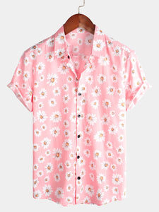 Men's Pink Floral Daisy Print Tropical Hawaii Cotton Shirt