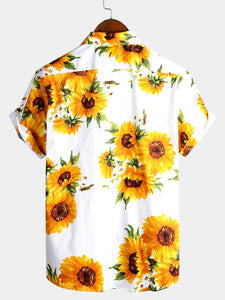 Men's Vintage Sunflower Pocket Short Sleeve Shirt