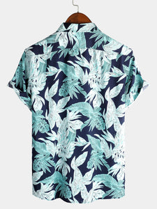 Men's Cotton Blue Floral Holiday Short Sleeve Shirt