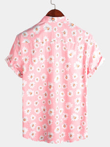 Men's Pink Floral Daisy Print Tropical Hawaii Cotton Shirt