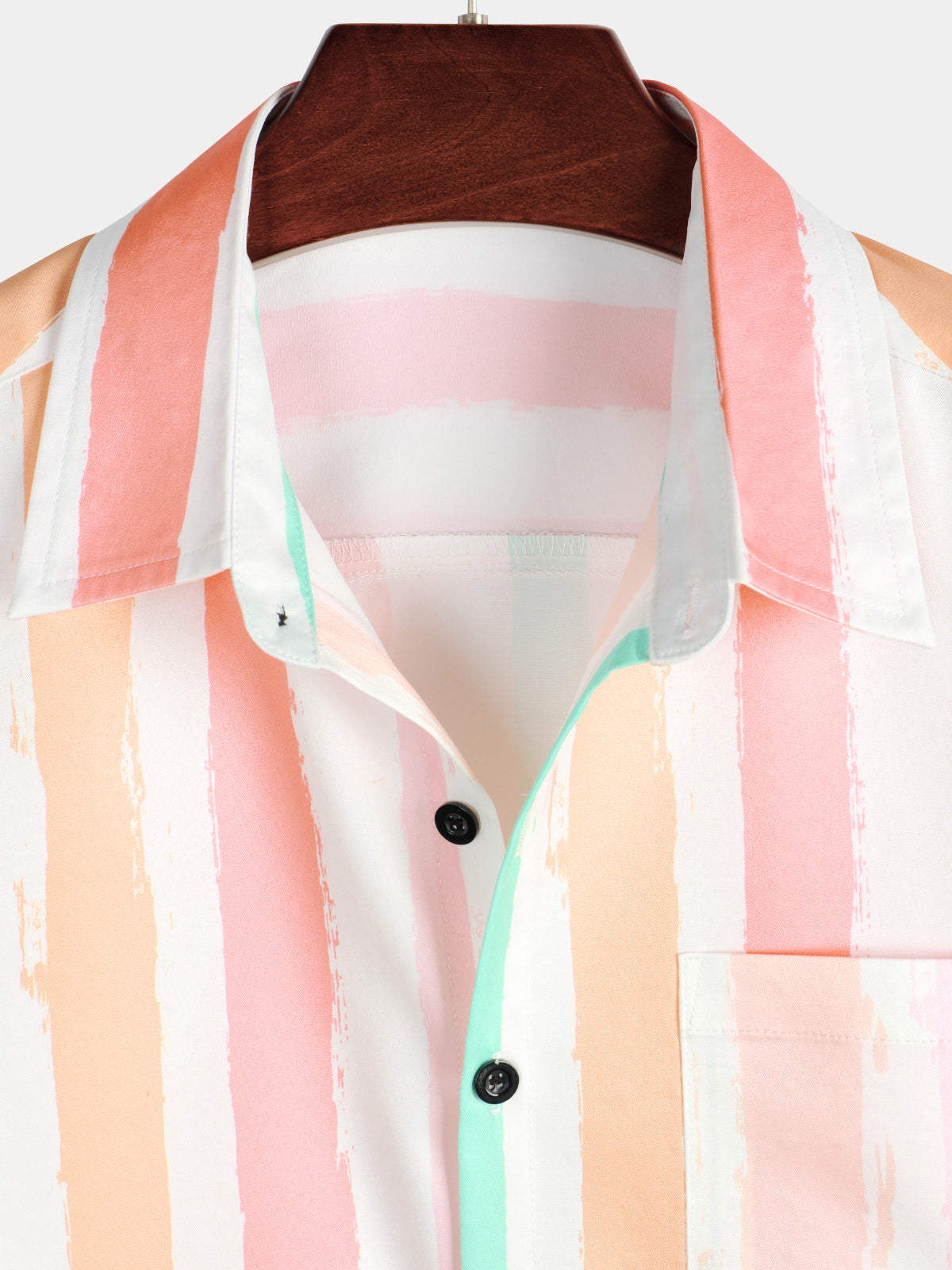 Men's Summer Pink And White Vertical Striped Pocket Button Up Rainbow Short Sleeve Shirt