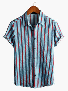 Men's Casual Short Sleeve Blue Striped Shirt