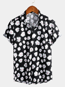 Men's Floral Daisy Print Hawaiian Cotton Button Up Summer Short Sleeve Flower Shirt