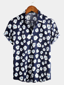 Men's Floral Daisy Print Hawaiian Cotton Button Up Summer Short Sleeve Flower Shirt